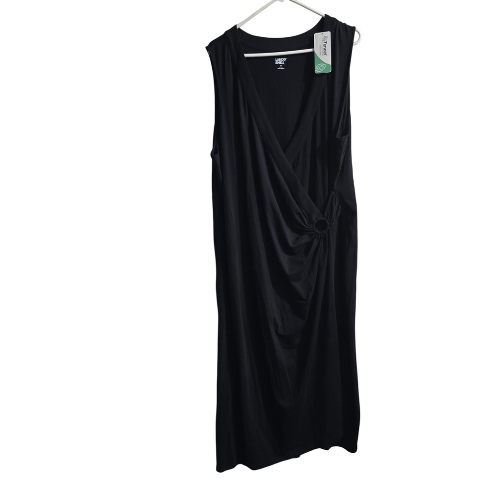 Lands End Wrap Dress Womens 3X 24W-26W Black Sleeveless V-Neck Midi O-Ring